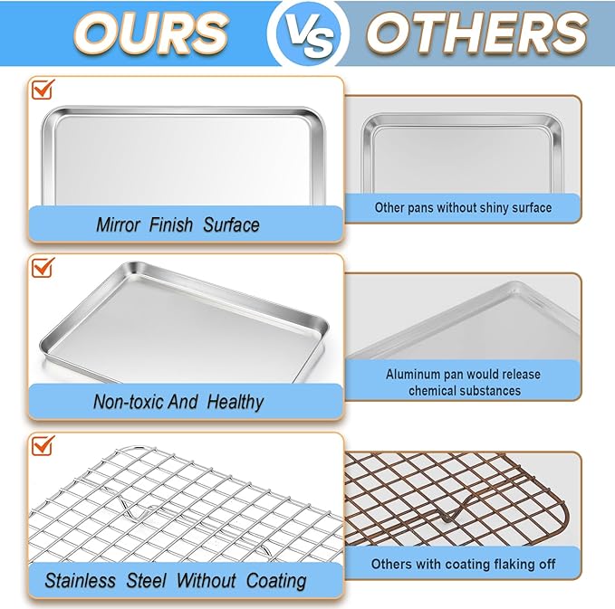 TeamFar Baking Sheet with Rack, 16 x 12 x 1 Inch Stainless Steel Cookie Baking Pan Tray with Grid Rack for Baking Roasting Cooling, Healthy & Heavy-Duty, Oven & Dishwasher Safe
