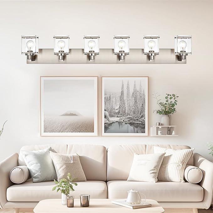 6-Lights Brushed Nickel Bathroom Light Fixture Over Mirror, Modern Wall Sconce with Clear Glass Shades, E26 Bulb Base Vanity Lighting for Over Mirror Kitchen