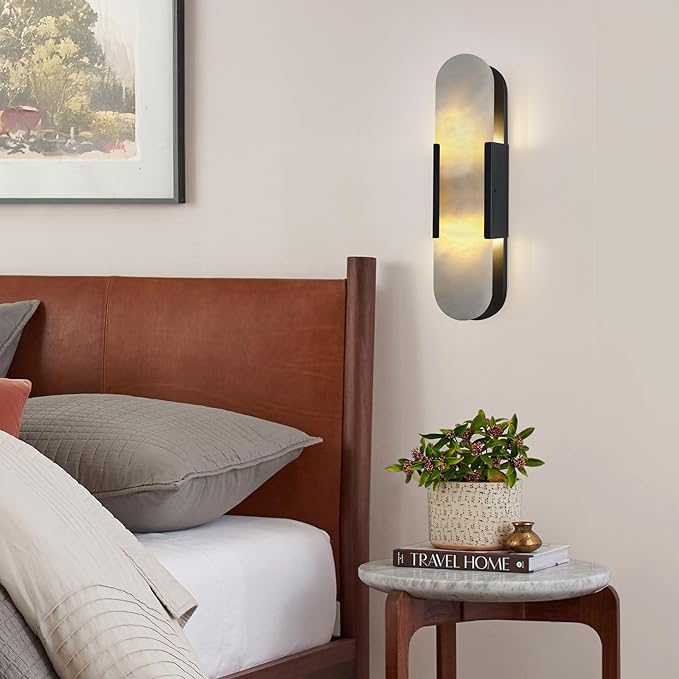 19.7 in Matte Black Alabaster Wall Sconces, Natural Marble Wall Sconces Indoor Alabaster Sconces for Living Room Modern Alabaster Sconces Wall Lighting for Dining Room Stairs Bedroom