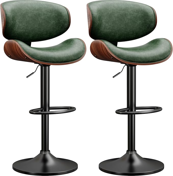 Bar Stools Modern PU Leather Adjustable Swivel Barstools, Kitchen Counter Bar Stool Island Barstool with Back Set of 2, Green