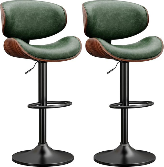 Bar Stools Modern PU Leather Adjustable Swivel Barstools, Kitchen Counter Bar Stool Island Barstool with Back Set of 2, Green