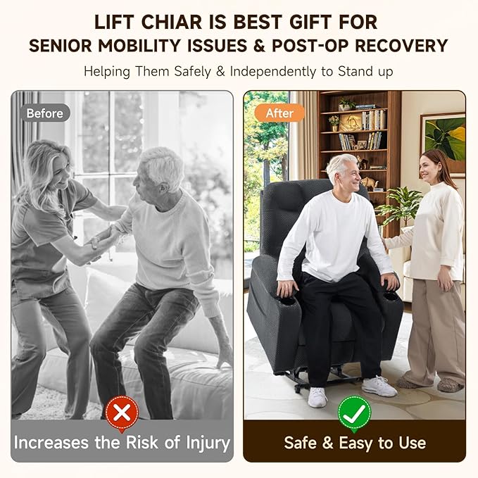 Triple Motor Large-Wide Power Lift Recliner Chair with Power Headrest for Big and Tall Elderly, Infinite Position, Massage Heat, Extend Footrest, USB, Cup Holder, Plush Flannel, Dark Grey