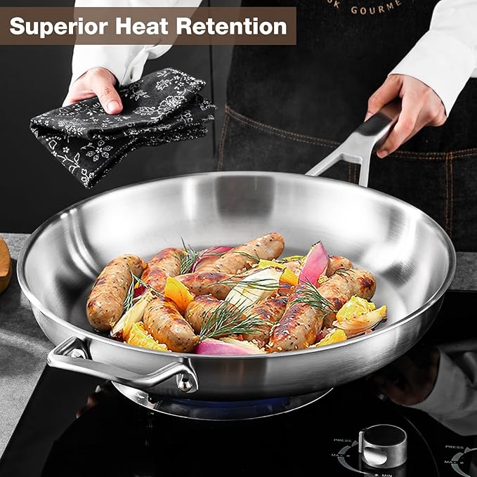 Stainless Steel Pan,14 inch Frying Pan, Heavy Duty, Large Frying Pan, Fast & Even Heating, Up to 650°, Oven & Dishwasher Safe,Compatible with All Cooktops