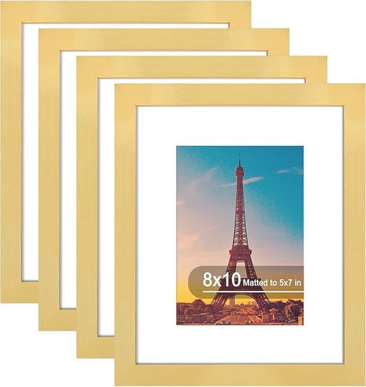 8x10 Picture Frame Set of 4, High Definition Real Glass, Display Pictures 5x7 with Mat or 8x10 Without Mat, Gallery Wall Hanging or Tabletop Photo Frames, Gold
