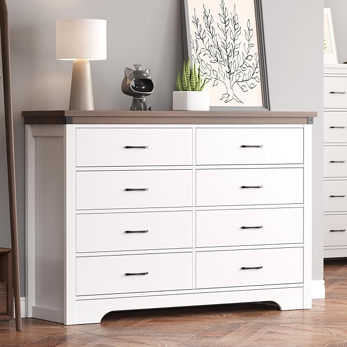 Farmhouse 8 Drawer Dresser for Bedroom, 52" Wide Chest of Drawers, Wooden Dresser TV Stand, Storage Dressers Organizer for Bedroom, Living Room, Hallway, White