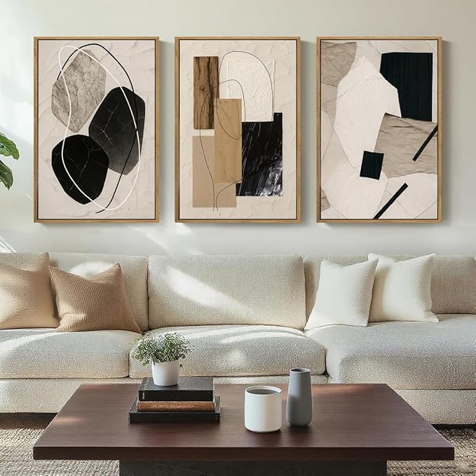 BINCUE Abstract Modern Wall Art Decor Framed Neutral Painting Prints Artwork for Living Room Bedroom 16x24 Inch Set of 3