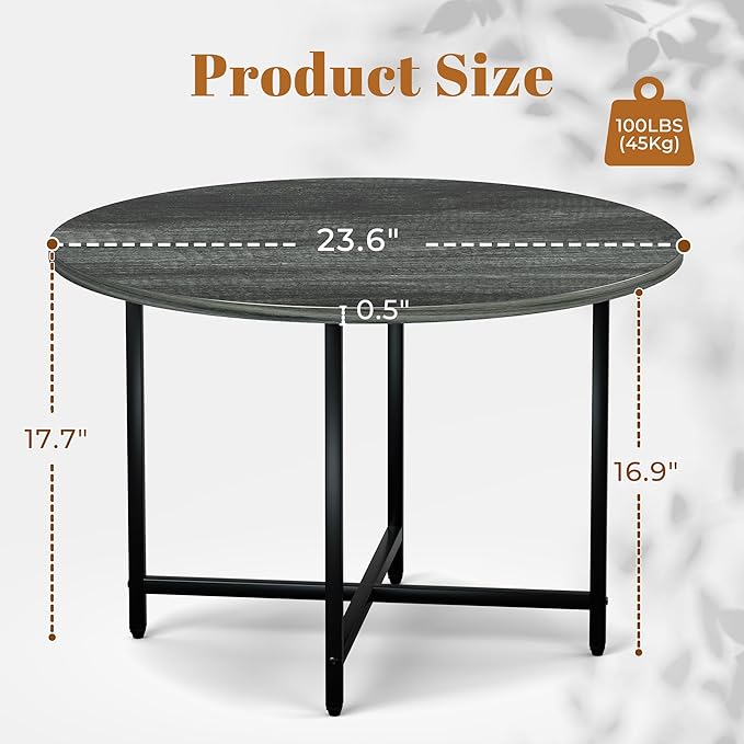 Round Coffee Table, Small Coffee Tables for Living Room, Wood Coffee Table with Metal Frame, Floor Table Desk for Sitting on The Floor, Home, Office, Farmhouse, Dark Gray (23.6" D x 17.7" H)