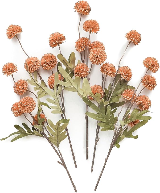 Floroom 5pcs Burnt Orange Faux Silk Mums Artificial Flowers, Bulk Fake Small Mini Chrysanthemums with Stems for DIY Terracotta Wedding Centerpieces Floral Arrangements Vase Fillers Home Decorations