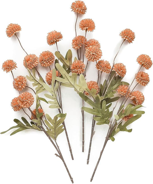 Floroom 5pcs Burnt Orange Faux Silk Mums Artificial Flowers, Bulk Fake Small Mini Chrysanthemums with Stems for DIY Terracotta Wedding Centerpieces Floral Arrangements Vase Fillers Home Decorations