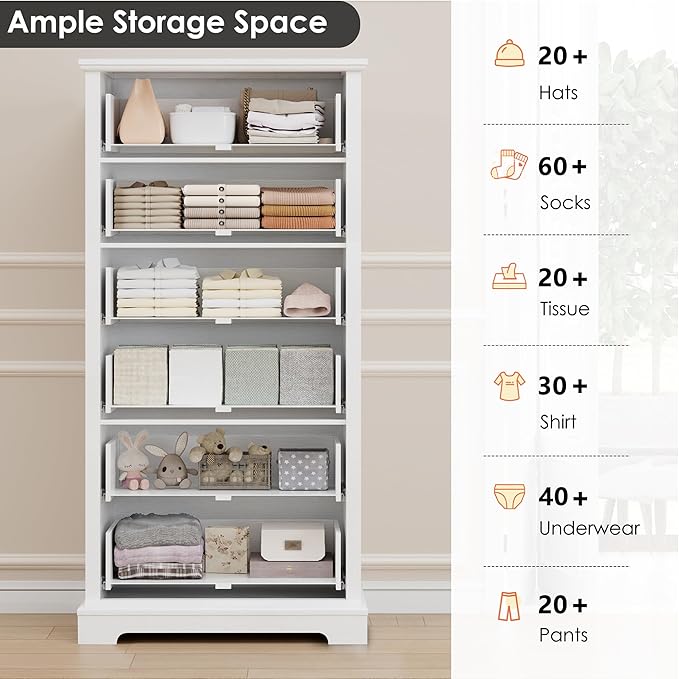 HOSTACK 6 Drawer White Dresser for Bedroom, 52" Tall Dresser, Modern Farmhouse Vertical Chest of Drawers for Bedroom, Wooden Closet Chest, Wood Storage Cabinet for Living Room, Hallway, Entryway