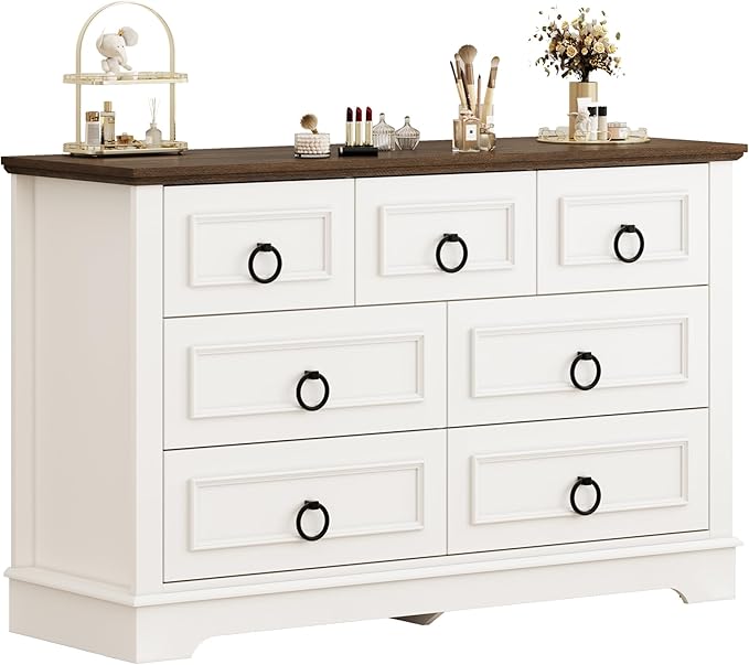 LIKIMIO White Dresser for Bedroom, 47.2" W Farmhouse 7 Drawer Dresser with Round Metal Handle, Thickened Desktop, Wood Rustic Chest of Drawers for Hallway, Entryway