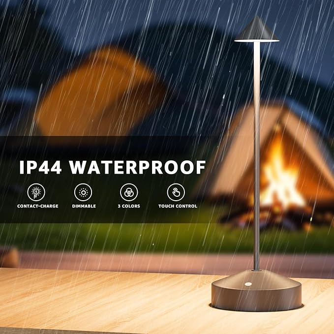 Portable Rechargeable Table Lamp for Indoor Outdoor, Battery Operated Desk Light with 3-Color Dimming Touch Control for Bedroom Dining Living Room Office Restaurant Cafe Patio Balcony