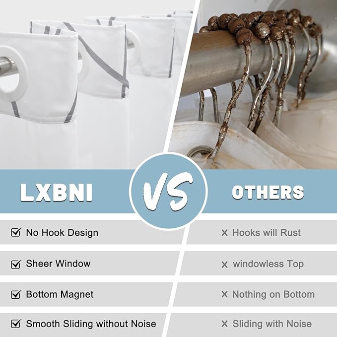 No Hook Grey White Striped Long Shower Curtain with Snap in Liner Set - Hotel Shower Curtain and Liner Set with See Through Mesh Top Window,Machine Washable, 71x86 INCH