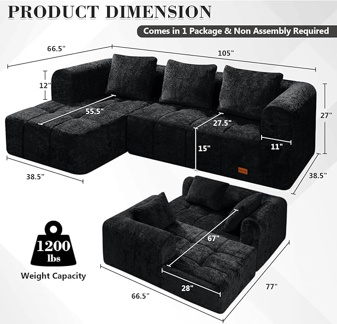 HABUTWAY 105" L-Shaped Modular Sectional Sofa, No Assembly Required Deep Seat Couch with 3 Pillows, Soft Fabric Upholstered, Modern Chaise Lounge for Living Room, Bedroom,Black