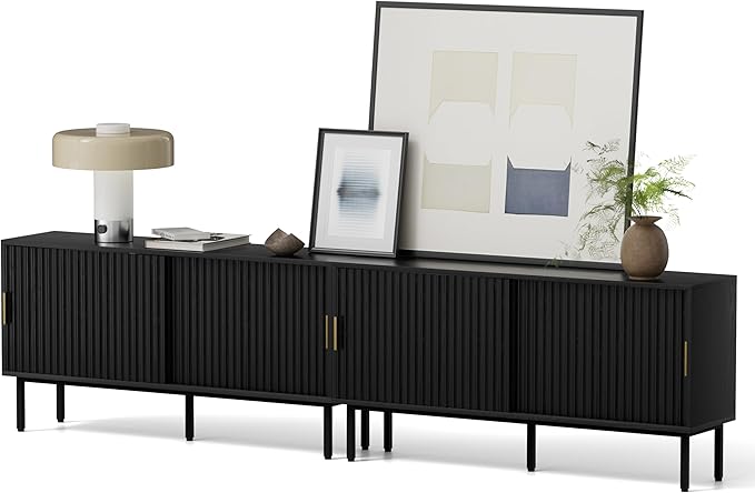 Fluted Tv Stand Set of 2, 47" Mid Century Entertainment Center with Adjustable Shelf, Wooden Media TV Console with Storage Cabinet for Living Room, Black