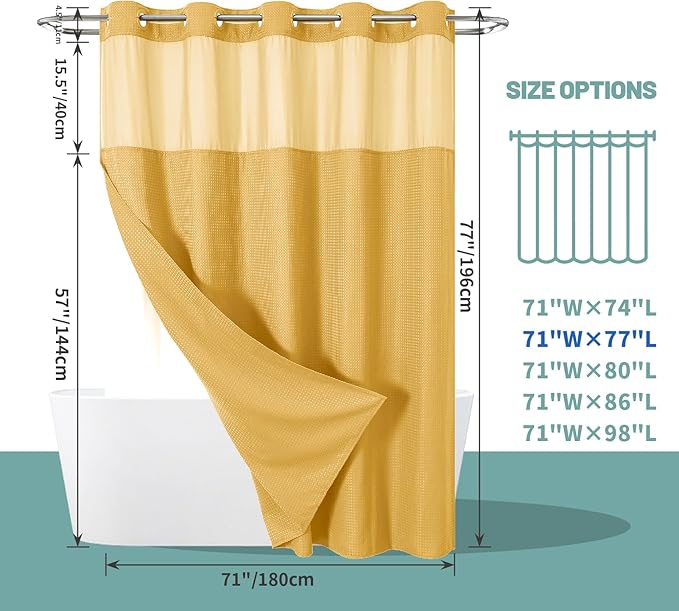 Gold No Hook Waffle Weave Shower Curtain with snap-in Liner Replacement, 230GSM Waterproof Fabric Hotel Shower Curtain Set for Bathroom, Through Mesh Top Window,71Wx77H