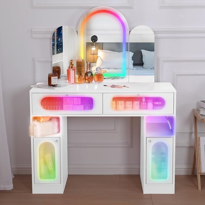 Vanity Desk with Arched Tri-Fold Mirror, Dimmable Vanity Table, LED RGB Makeup Vanity with 2 Drawers, 2 Open Storage Area & 2 Cabinets, Gifts for Girls/Women, Dressing Table (White)