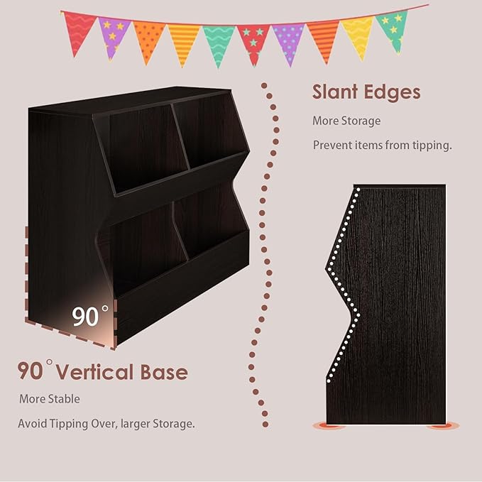 DINZI LVJ Kids Bookshelf, Toy Storage Organizer, Wooden Toy Storage Cabinet, 4 Cubby Children Bookcase, 43.3" L Toddler Book Shelf for Bedroom, Nursery, Hallway, School, Espresso