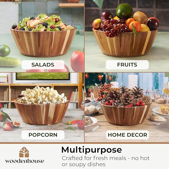 Woodenhouse Wooden Salad Bowl, Salad Bowl, Wooden Bowl - 12" Round Design Fruit Bowl, Handmade, Durable and Stylish Natural Wood Dining Accessory