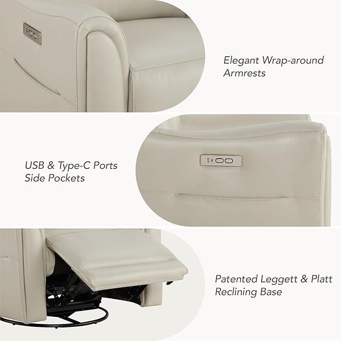 Watson & Whitely Genuine Leather Power Recliner Chairs for Adults, Swivel Glider Recliner Chair for Living Room with Charging Ports, Light Grey