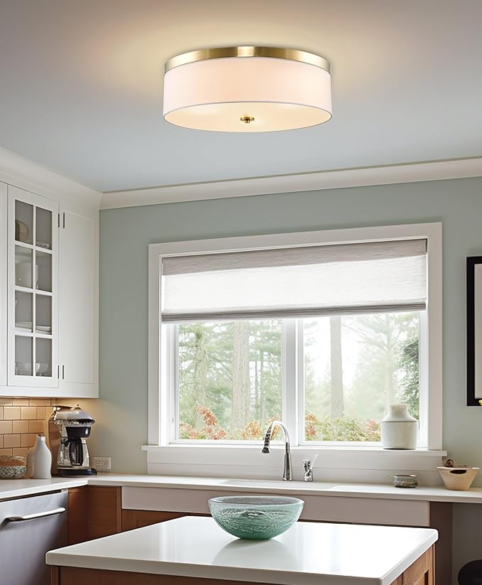 Kira Home Walker 20" Large Mid-Century Modern 3-Light Flush Mount Ceiling Light, White Fabric Shade + Round Glass Diffuser, Cool Brass Finish