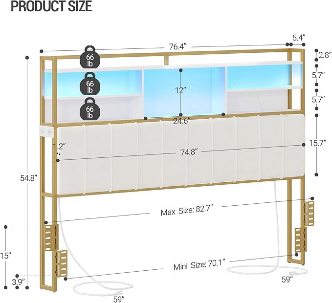 Headboard with 3-Tier Storage Shelves, Velvet Upholstered Head Board with 2 Outlets, USB Ports & LED Light, Soft Backrest for King Size Bed, White and Gold BH19403A