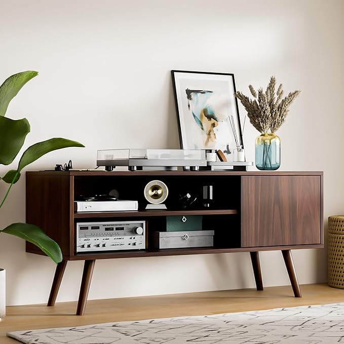 Cozy Castle TV Stand for 48 Inch TV, Mid Century Modern Entertainment Center with Storage Cabinet, TV Media Console for Living Room, Bedroom, Dark Brown