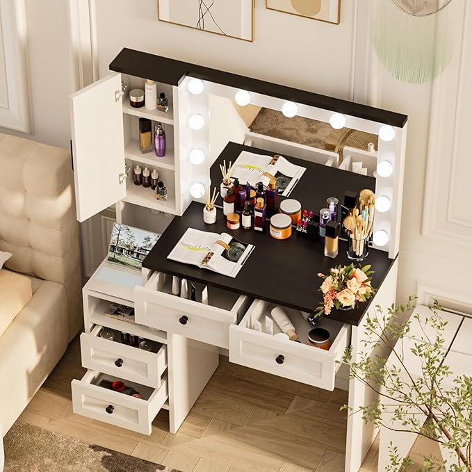 Likein Vanity Desk with Mirror and Lights, Makeup Vanity Set with 4 Drawers & Storage Cabinet, Power Outlet, White Vanity Dressing Table with 3 Lighting Modes Adjustable for Girl Bedroom
