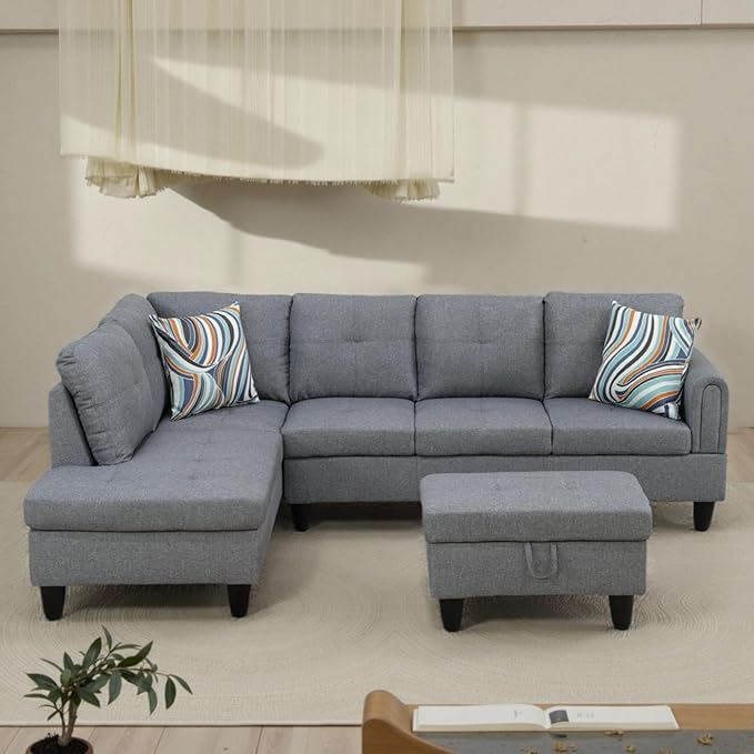 L Shaped Couch Sectional Couches with Chaise and Storage Ottoman, 3 Pieces Modular Convertible Sofa for Living Room Furniture Sets and Small Apartment, Light Grey