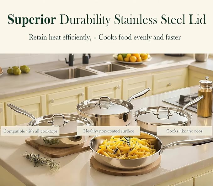 12 Inch Tri-Ply Stainless Steel Frying Pan, Frying Pan with Lid, PFOA/PTFE Free Skillet, Induction Cooking Pans, Dishwasher & Oven Broiler Safe 600F, Professional Cookware, Heavy Duty & Even Heat