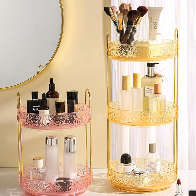 Fangoo 3 Tiers Gold Rotating Makeup Organizer for Vanity, 360 Spinning Skincare Organizers for Dresser Perfume Organizer Large Skincare Make Up Storage Cosmetic Organizer for Bathroom Countertop