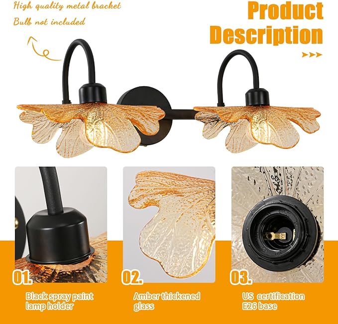2 Light Bathroom Vanity Light Black Wall Sconce with Amber Flower Glass Shade mid Century Wall Light Vintage Wall Sconce Matte Black Vanity Light Over Mirror for Bedroom Hallway Living Room