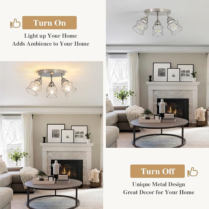 Kitchen Light Fixtures - 3-Lights Multi-Directional Ceiling Lamp with E26 Base, Adjustable Flush Mount for Farmhouse Kitchen, Hallway, Dining Room, Entryway