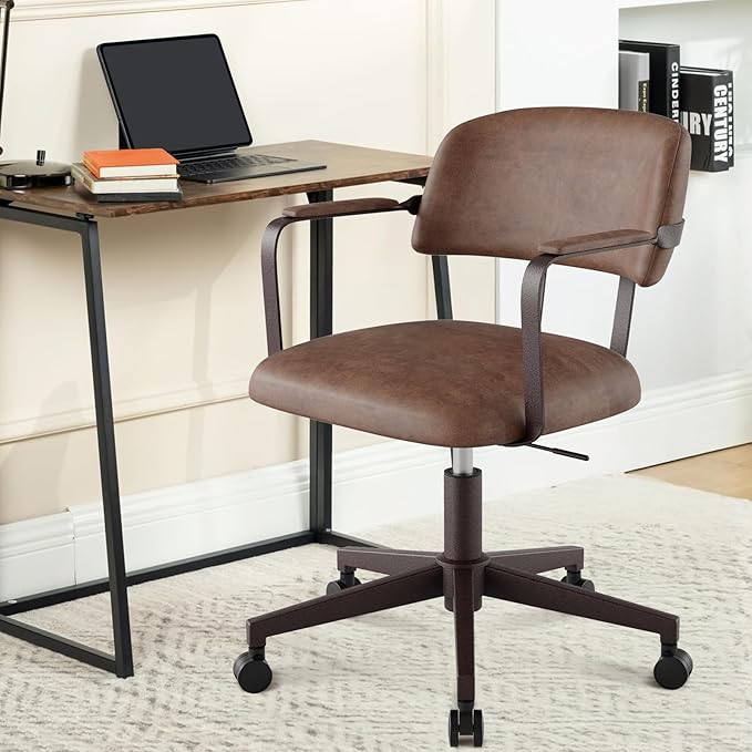 Home Office Desk Chair, Mid-Century Style Desk Chair with Padded Arms, Adjustable Seat Height, Mid Back 360° Small Computer Chair with Mobile Mute Wheel, PU Leather (Brown)