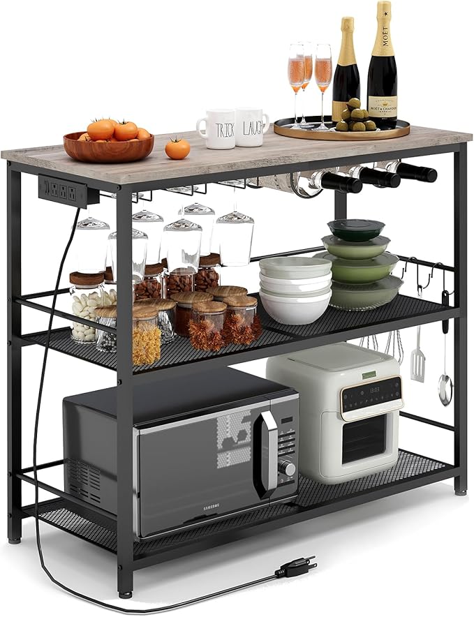 Kitchen Island with 3 Shelves, Kitchen Island with Power Outlet, Kitchens Storage Rack with 4 S Hooks, Microwave Stand and Coffee Bar Station for Dining Room, Greige and Black KIHG91E01