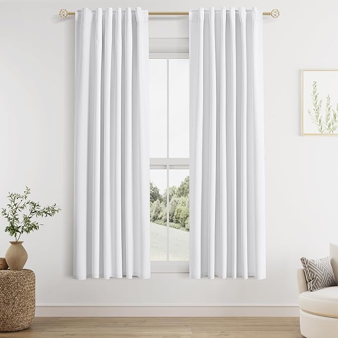 Guken 100% Blackout Linen Curtains 40 Inch Wide by 63 Inch 2 Panels Set for Living Room Bedroom Back Tab Thermal Insulated Black Out Linen Drapes Room Darkening Window Curtains, White