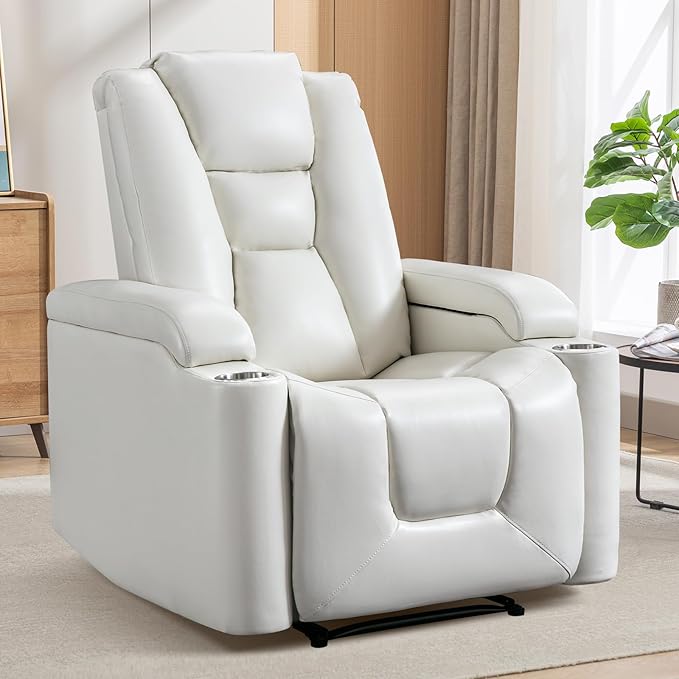 ANJ White Power Recliner Chair Electric Home Theater Seating Soft Leather Movie Chair for Living Room Overstuffed Single Reclining Sofa with Hidden Arm Storage, Cup Holders and USB Ports (Cream White)