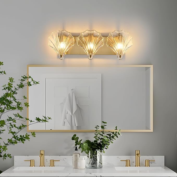 Bathroom Light Fixtures,3-Lights Vanity Lights Over Mirror,Modern Bathroom Wall Light with Clear Shell Shaped Glass Shades,Gold Wall Sconces for Bedroom Living Room Hallway Kitchen.