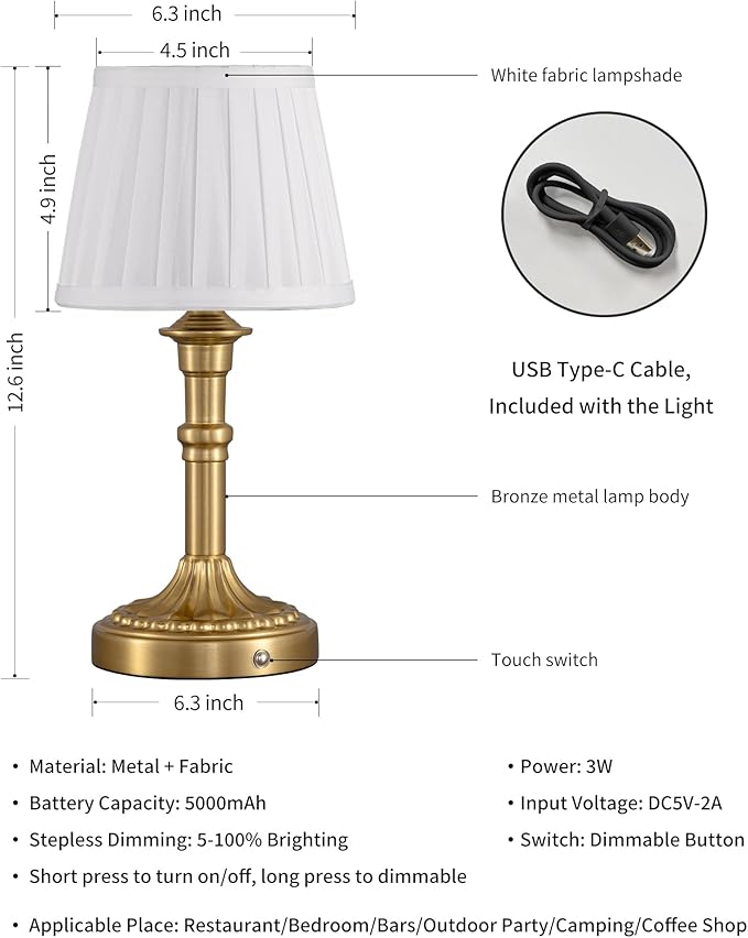KDG Cordless Portables Table Lamp Set of 2, LED Fabric Shade Small Desk Lamps, 5000mAh Battery Powered Lighting, 2700K Stepless Dimmable Light for Living Room, Dining Room, Bedroom, Bedside (Bronze)