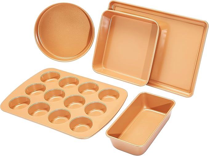 Amazon Basics Ceramic Nonstick Baking Sheets and Pans Bakeware Set, Non-Toxic, 5-Piece Set- Copper Color