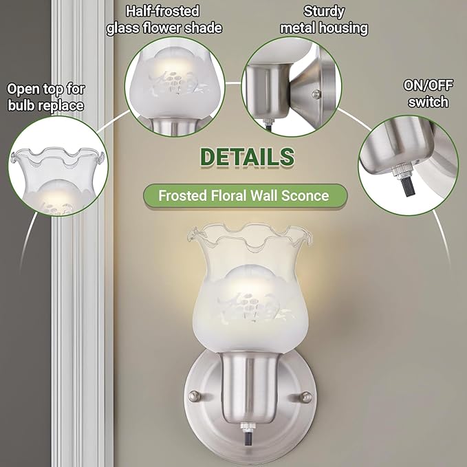 GRUENLICH Wall Sconce, Modern Vanity Light, for Bathroom, Bedroom, Sitting Room, with ON/Off Switch, E26 Base 60W Max, Metal Housing with Glass, Nickel Finish, 1-Pack