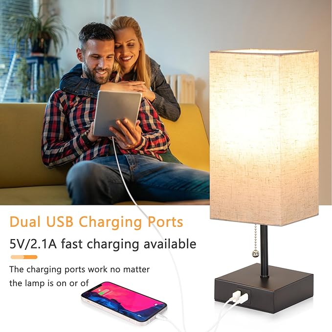 GGOYING Bedside Table Lamp, Pull Chain Bedroom Lamp with USB C+A Charging Ports, 2700K LED Bulb, Linen Lampshade, Nightstand Lamp for Living Room Bedroom Office