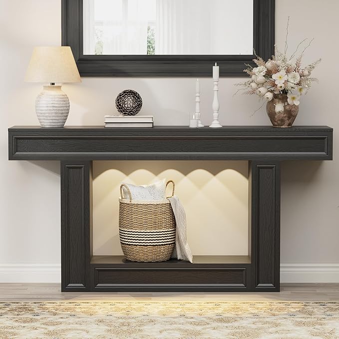 Rresyet 63" Console Table, 2-Tier Entryway Table with Sensor Lights, Coffee Table Behind The Sofa, with U-Shaped Base Suitable for Entryways, Living Rooms, Corridors, and Foyers(Black)