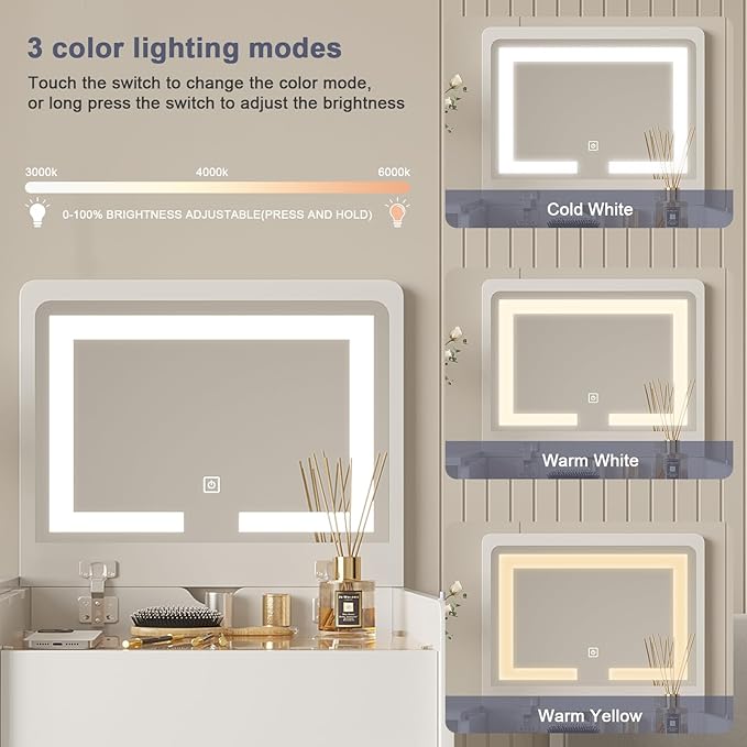 Vanity Desk with Flip Top Lighted Mirror, Compact Makeup Table with Storage Stool, Integrated Vanity with Drawers, 3-in-1 Vanity Desk Set, Small Dressing Table for Bedroom (White)