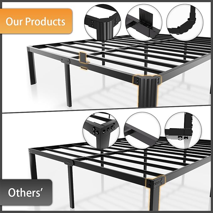 14 inch Metal Queen Bed Frame with Rounded Corner and Headboard Hole Mattress Retainers 3500LBS Heavy Duty Steel Slats No Box Spring Needed Platform Noise-Free Easy Assembly Queen Bed Frames