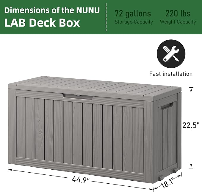75 Gallon Outdoor Storage Box, Waterproof Resin Deck Box with Lockable Lid, Patio Furniture Side Table & Storage Bin for Package Delivery, Patio Cushions, Garden Tools, Pool Accessories, Grey