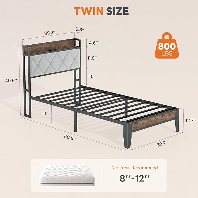 Sweetcrispy Twin Bed Frame with Headboard,Spacious Underbed Storage,Integrated Charging Station,Durable Squeak-Free Frame,Simple No-Tool Assembly,Works with Twin Mattress No Box Spring Required