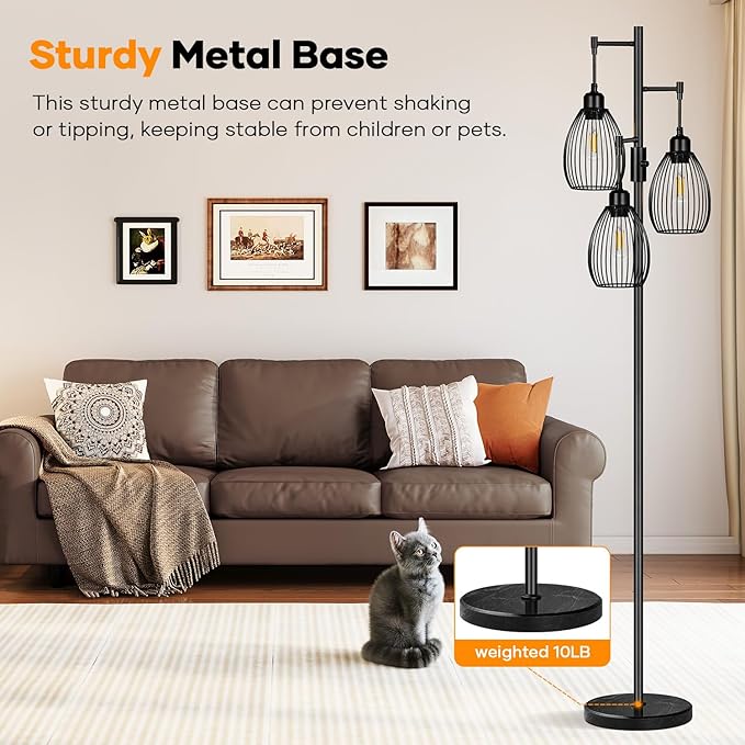 Dimmable Floor Lamp,3x800LM LED Bulbs Included, Farmhouse Industrial Floor Lamp Standing Tree Lamp with Teardrop Cage Head Tall Lamp for Living Room Bedroom Office Dining Room - Black & Marble Base