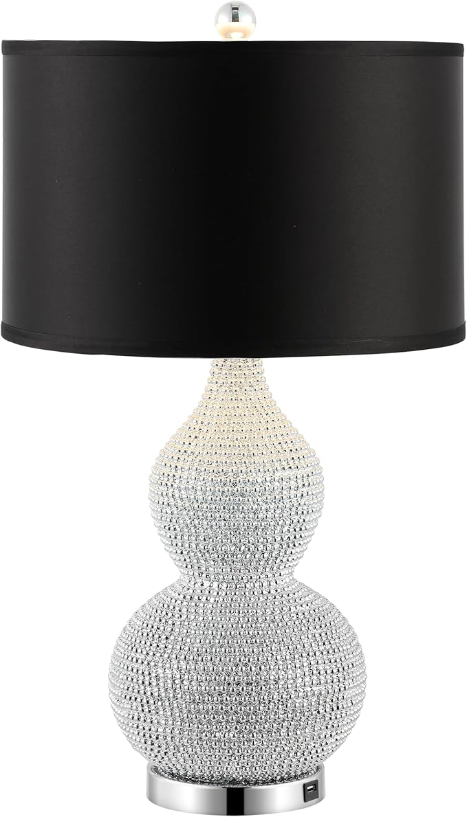SAFAVIEH Lighting Collection Nicole Silver/Black Shade Beaded 25-inch Table Lamp Set of 2 with USB Charging Port (LED Bulbs Included)