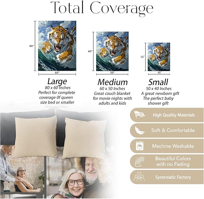 Fierce Tiger Blanket, Soft Cozy Warm Throw Blanket Gifts for Adults Kids Women, Lightweight Comfy Fuzzy Flannel Blankets for Couch, Travel, Car, Home Decor 60×50 Inch